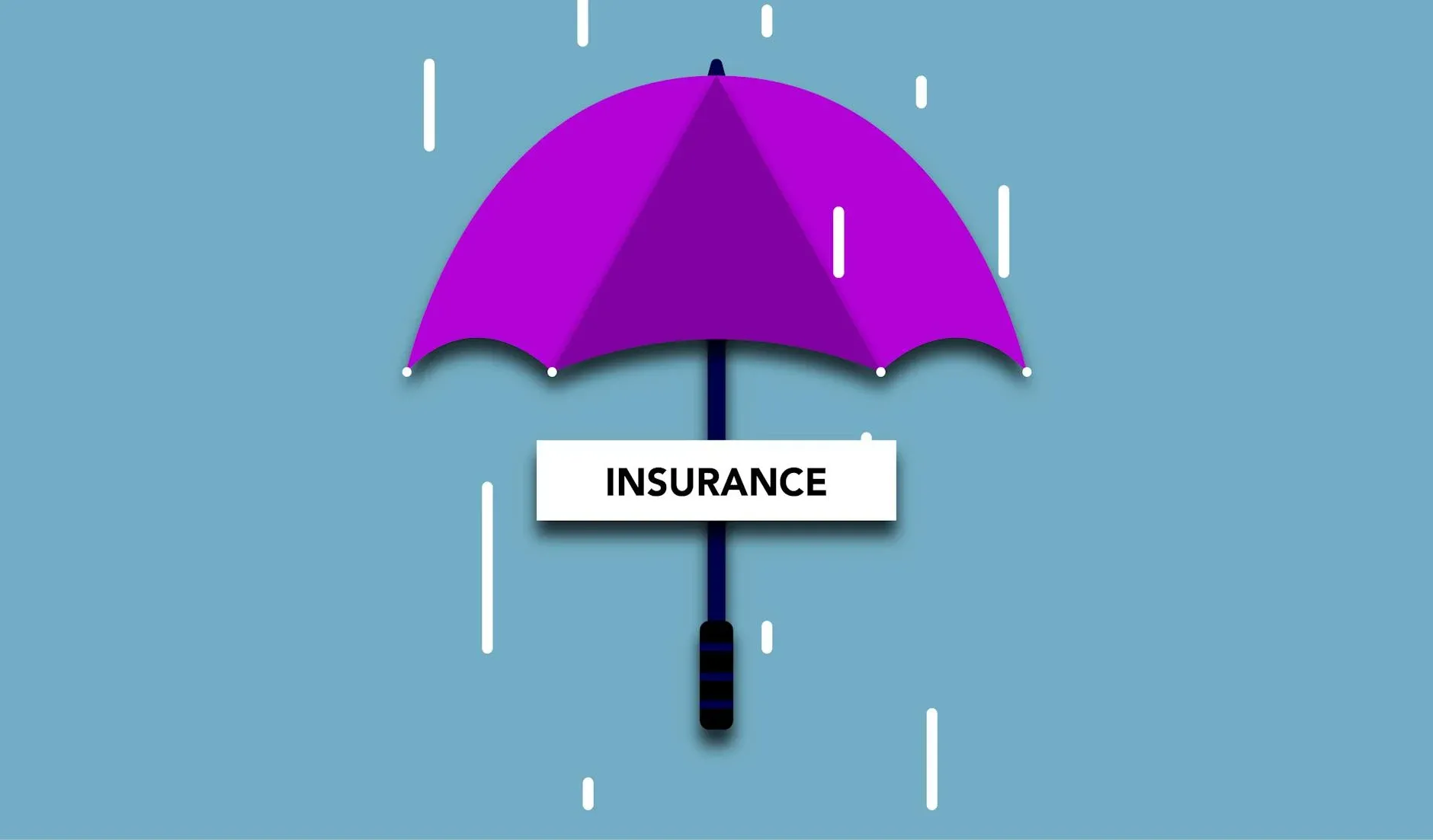 Decorative cardboard illustration of signboard with Insurance title under umbrella in rain on blue background